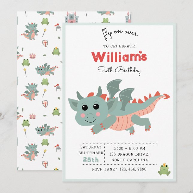 Fly on Over Dragon Boy Kids Birthday Party Invitation (Front/Back)