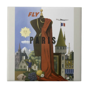 Fly Paris France Vintage Travel Poster Ceramic Tile