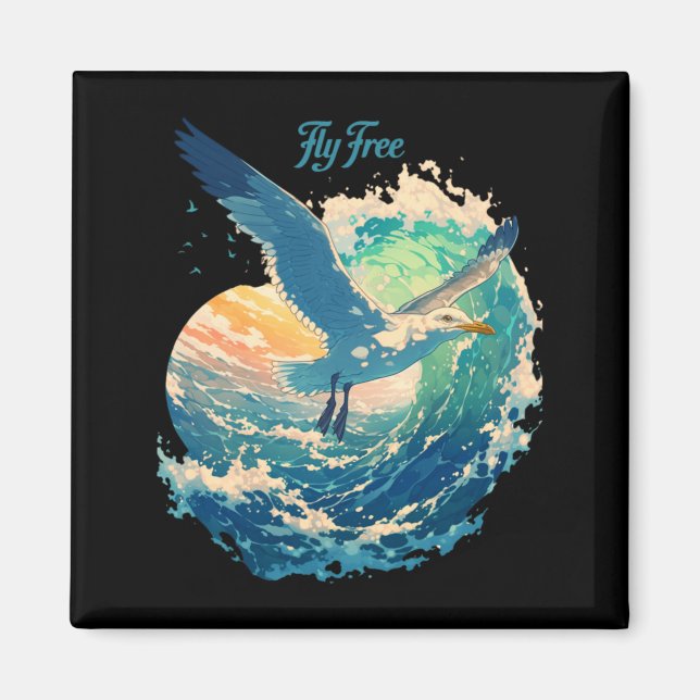 Fly Seagull Ocean Sunset Scene Coastal Performance Magnet (Front)