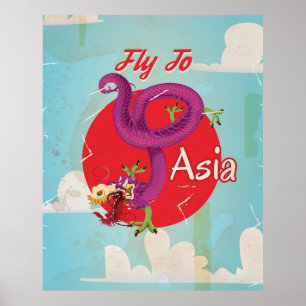 Fly to Asia Vintage Travel Poster