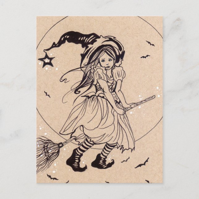 Fly With Me little  witch broom halloween postcard (Front)