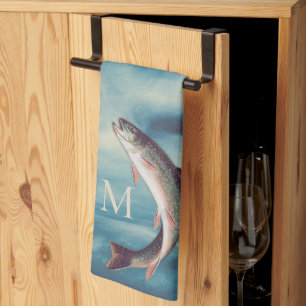Flyfishing Trout Fisherman Blue River Monogram Tea Towel