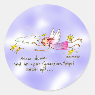 Flying angel in purple, gold stars says slow down classic round sticker