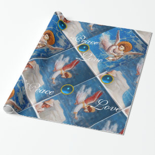 FLYING ANGELS / BLUE GEMS CHRISTMAS JOY PEACE LOVE WRAPPING PAPER