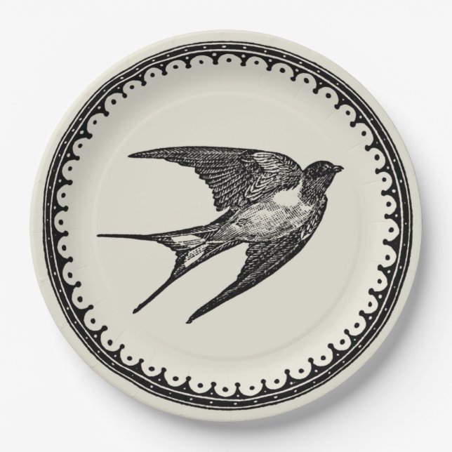 Flying Antique Swallow Bird On Beige Background Paper Plate (Front)
