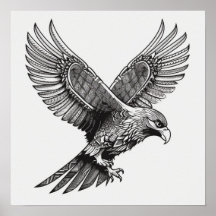 Flying Bald Eagle Black and White Art, Heart Wings