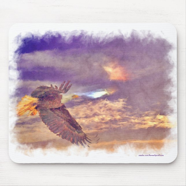 Flying Bald Eagle & Crepuscular Sky Wildlife Art Mouse Pad (Front)