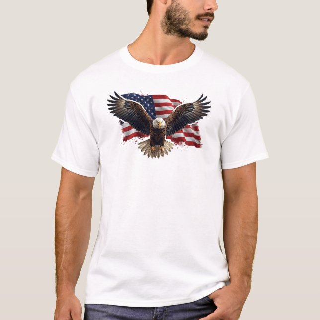 Flying Bald Eagle with American Flag T-Shirt (Front)