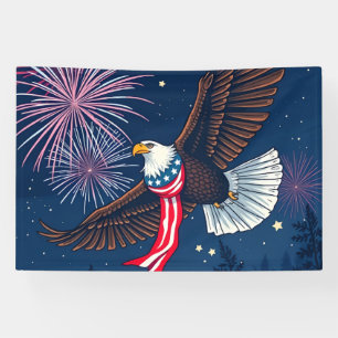 Flying Bald Eagle with USA Flag Scarf & Fireworks  Banner