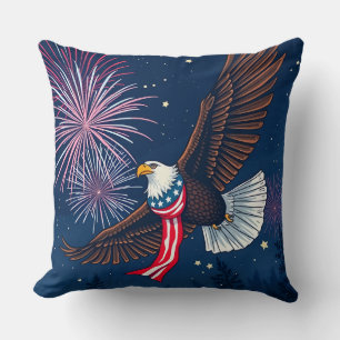 Flying Bald Eagle with USA Flag Scarf & Fireworks Cushion