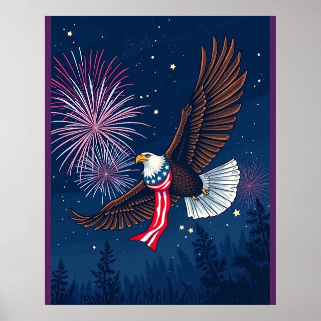 Flying Bald Eagle with USA Flag Scarf & Fireworks  Poster (Front)