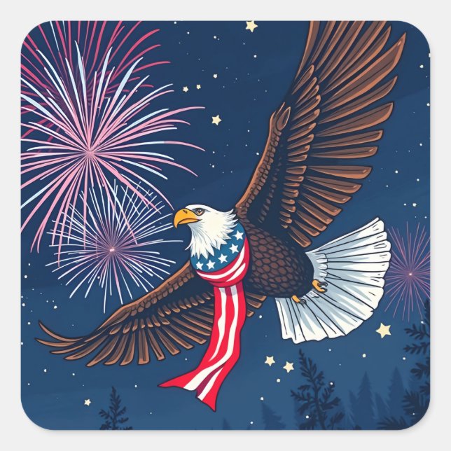 Flying Bald Eagle with USA Flag Scarf & Fireworks  Square Sticker (Front)