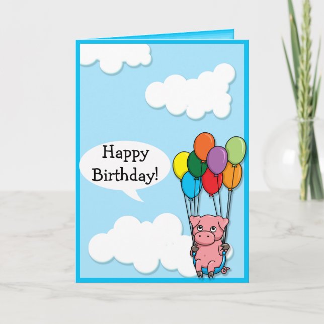 Flying Balloon Pig Birthday card (Front)