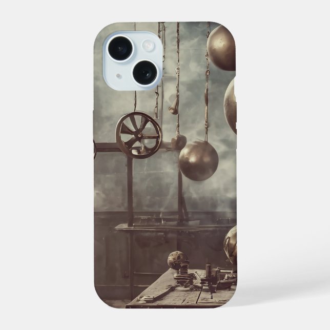 Flying balls, in an steampunk laboratory iPhone 15 case (Back)