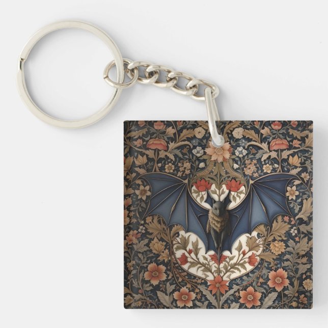 Flying Bat - Modern William Morris Floral  Key Ring (Front)