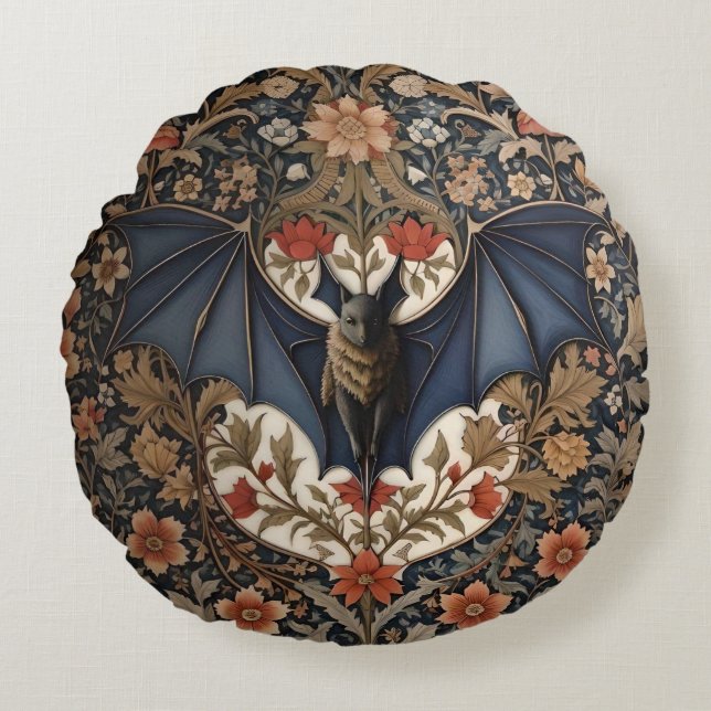 Flying Bat - Modern William Morris Floral  Round Cushion (Front)