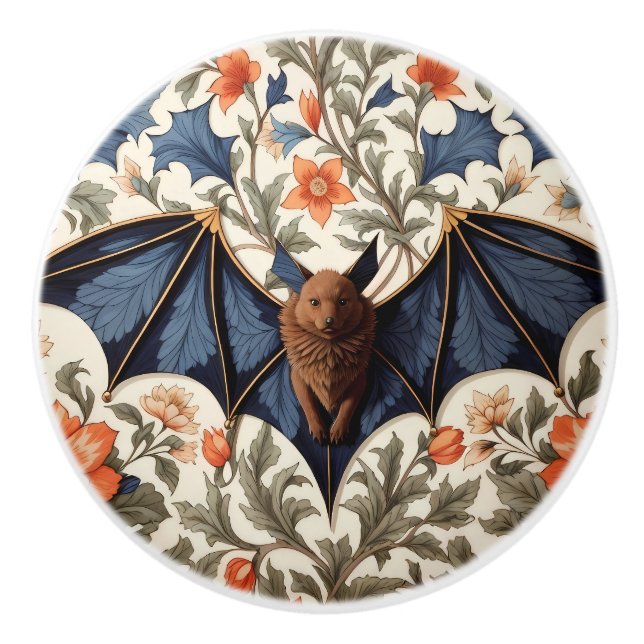Flying Bat William Morris Inspired Floral Ceramic Knob (Front)