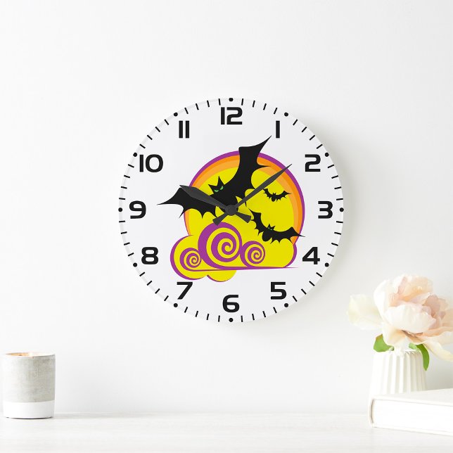 Flying Bats Halloween Night Full Moon Swirls Large Clock (Creator Uploaded)