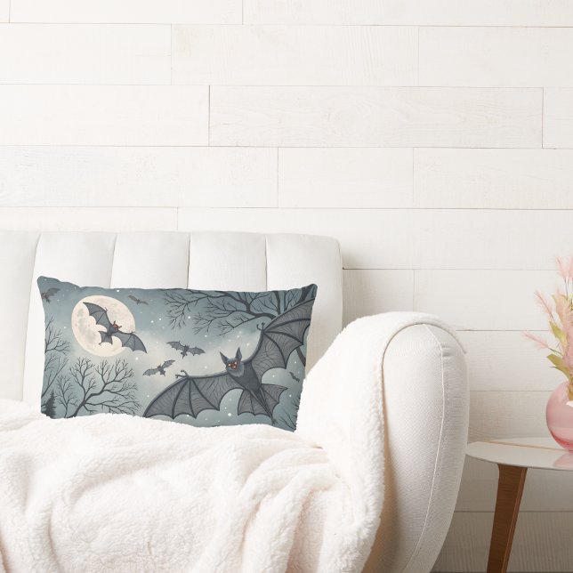 flying bats in spooky night sky with moon lumbar cushion (Creator Uploaded)