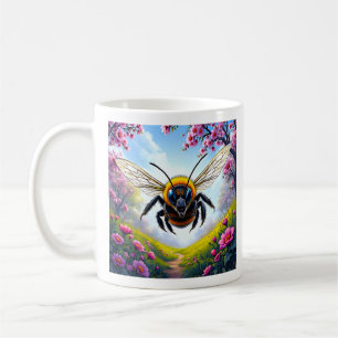 Flying Bee in Colorful Floral Meadow Art Coffee Mug