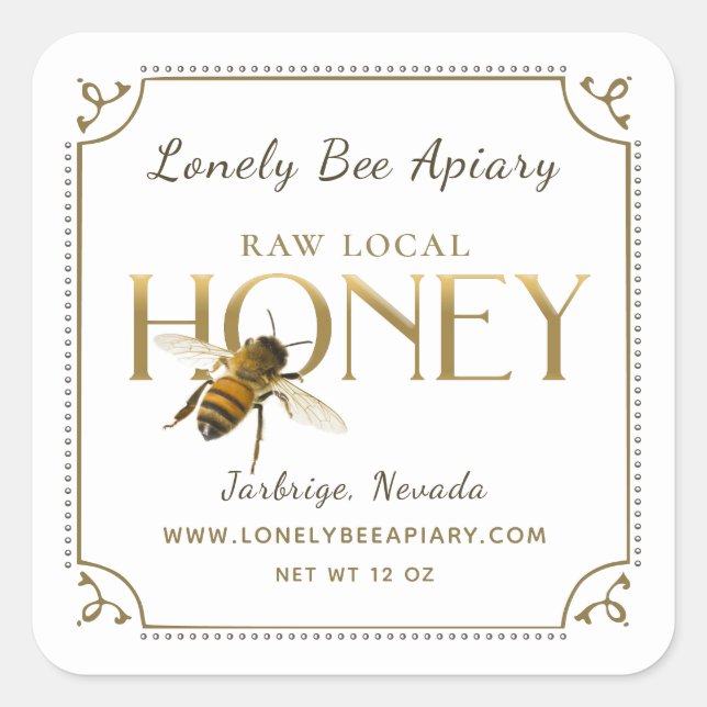 Flying Bee Metallic Gold Honey Label fancy border (Front)