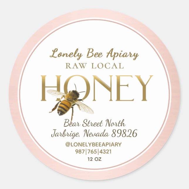 Flying Bee Raw Local Honey Label Pink Border (Front)