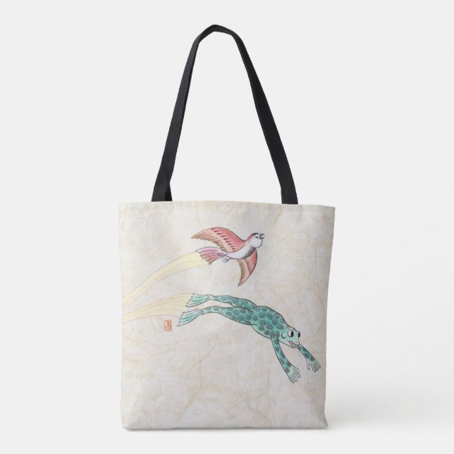 Flying Bird & Frog Reusable Sturdy Brushed Tote Bag (Back)