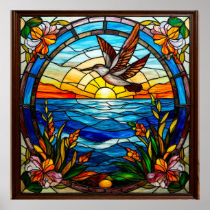 Flying Bird Over Ocean at Sunrise Poster