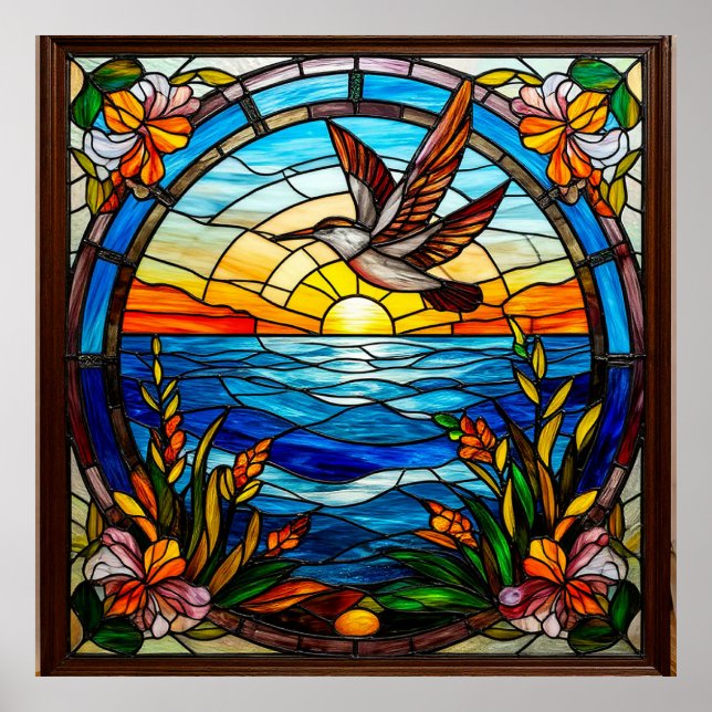 Flying Bird Over Ocean at Sunrise Poster (Front)