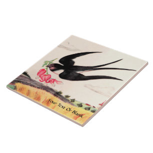 Flying Bird With Flowers Ceramic Tile