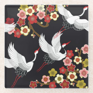 Flying Birds: Crane Heron Japanese. Glass Coaster