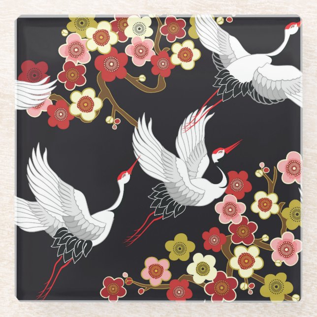 Flying Birds: Crane Heron Japanese. Glass Coaster (Front)