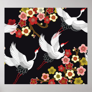 Flying Birds: Crane Heron Japanese. Poster