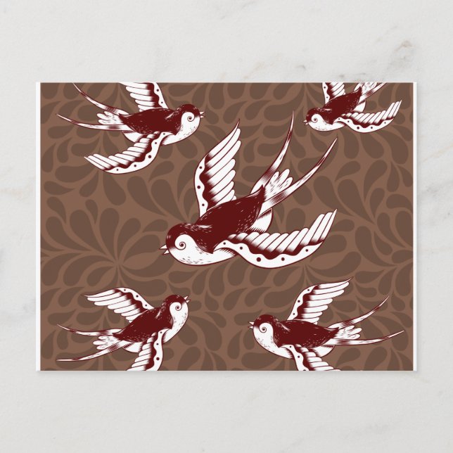 Flying Birds on Brown Damask Pattern Postcard (Front)