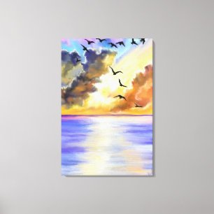 Flying Birds on Sea Sunset - Watercolor Art Canvas Print