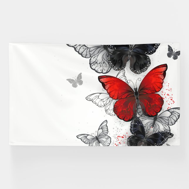 Flying Black and Red Morpho Butterflies Banner (Horizontal)