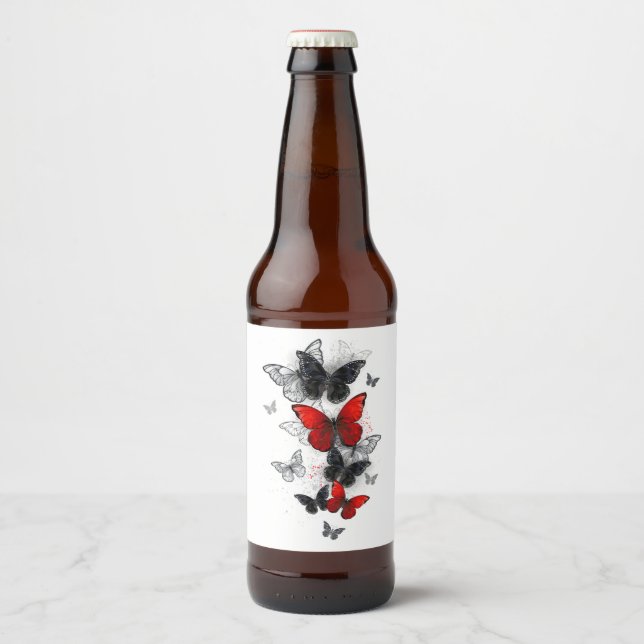 Flying Black and Red Morpho Butterflies Beer Bottle Label (Front)