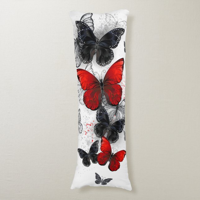 Flying Black and Red Morpho Butterflies Body Cushion (Front Vertical)