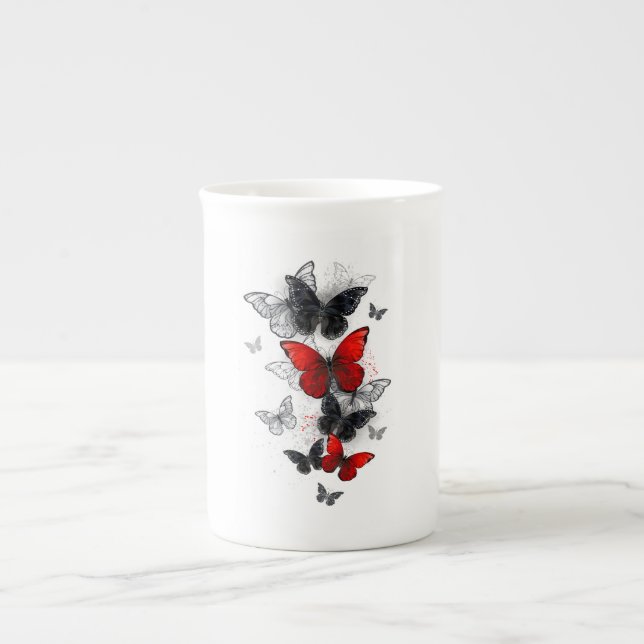 Flying Black and Red Morpho Butterflies Bone China Mug (Front)