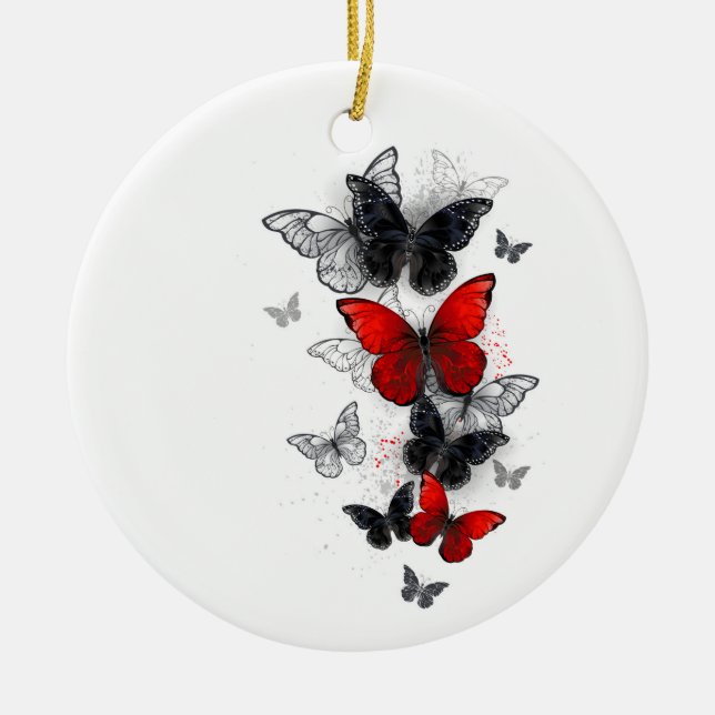 Flying Black and Red Morpho Butterflies Ceramic Ornament (Front)
