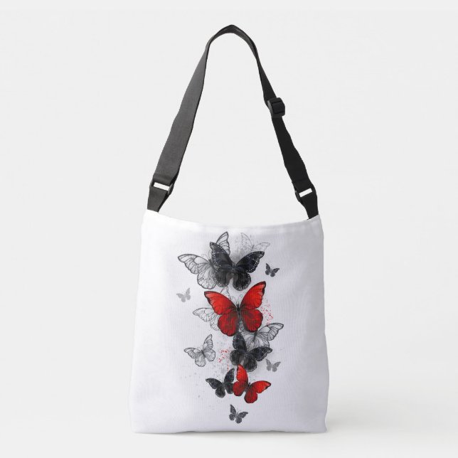 Flying Black and Red Morpho Butterflies Crossbody Bag (Front)