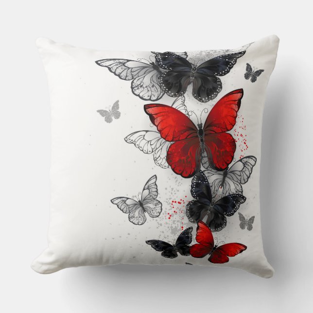 Flying Black and Red Morpho Butterflies Cushion (Front)