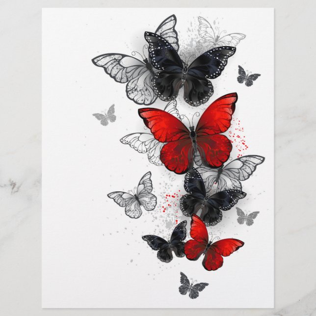 Flying Black and Red Morpho Butterflies Custom Letterhead (Front)