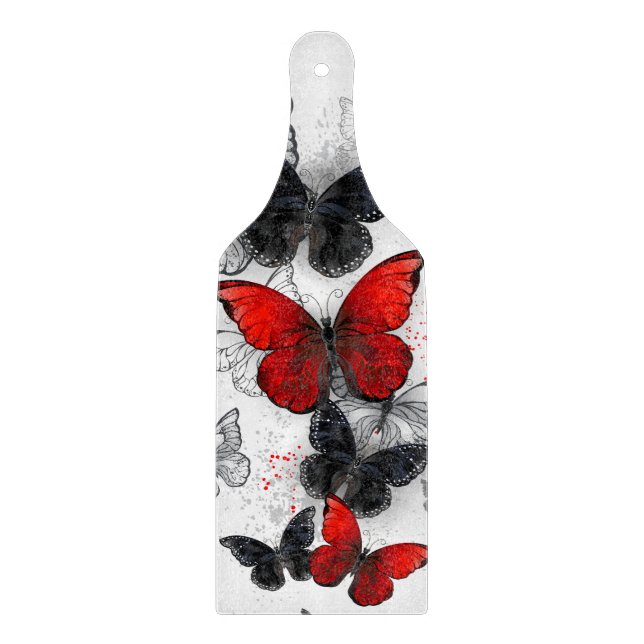 Flying Black and Red Morpho Butterflies Cutting Board (Front)