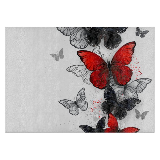 Flying Black and Red Morpho Butterflies Cutting Board (Front)