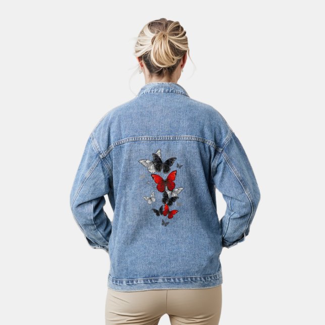 Flying Black and Red Morpho Butterflies Denim Jacket (Model)