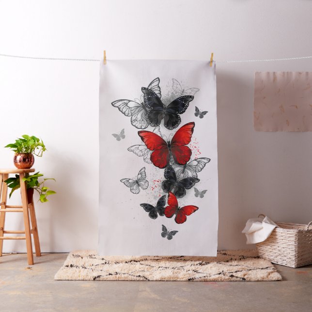 Flying Black and Red Morpho Butterflies Fabric (In Situ)