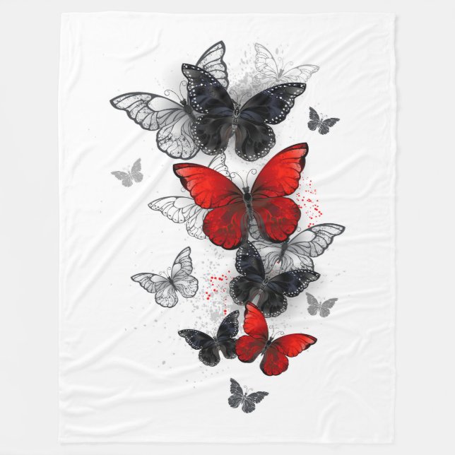 Flying Black and Red Morpho Butterflies Fleece Blanket (Front)
