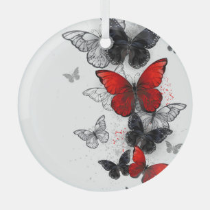 Flying Black and Red Morpho Butterflies Glass Tree Decoration