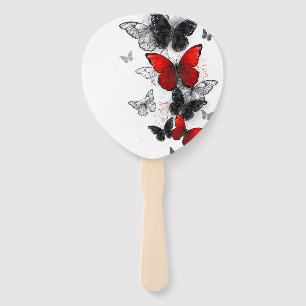 Flying Black and Red Morpho Butterflies Hand Fan
